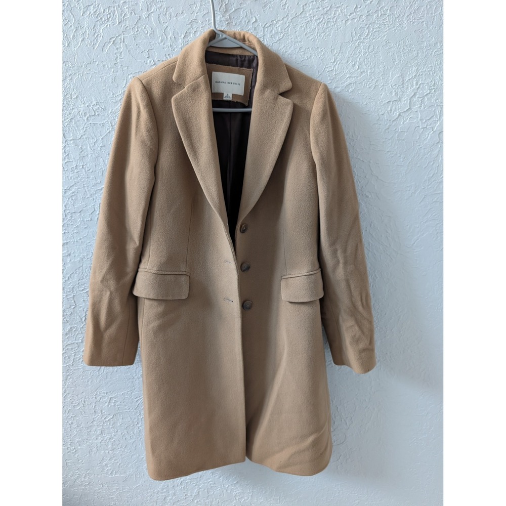 Banana Republic Wool Blend Topcoat Womens S Camel Tan 3-Button Long Jacket Coat